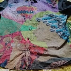 Men's Vintage XL Desigual AOP All Over Print Surreal Art Button Up Shirt Rainbow
